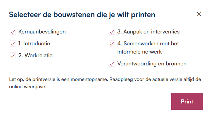 Een schermopname van het selecteren van de bouwstenen bij de printfunctie